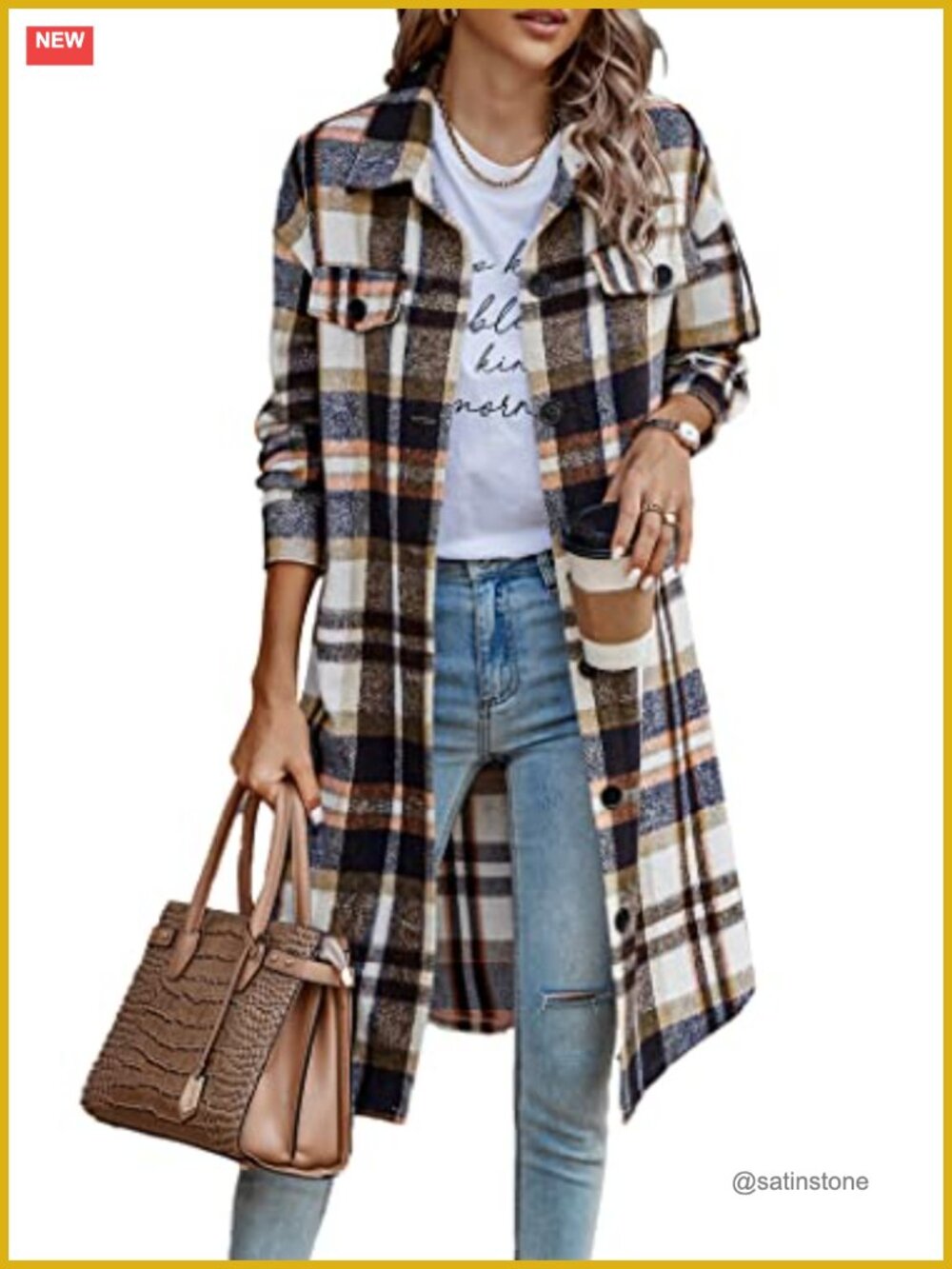 Women's Plaid Shacket Jacket with Pockets Wool Blend Flannel Oversized
